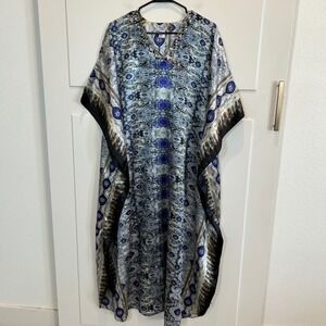 Sante Classics Womens One Size Blue Abstract Print Beaded Kaftan Dress Satin